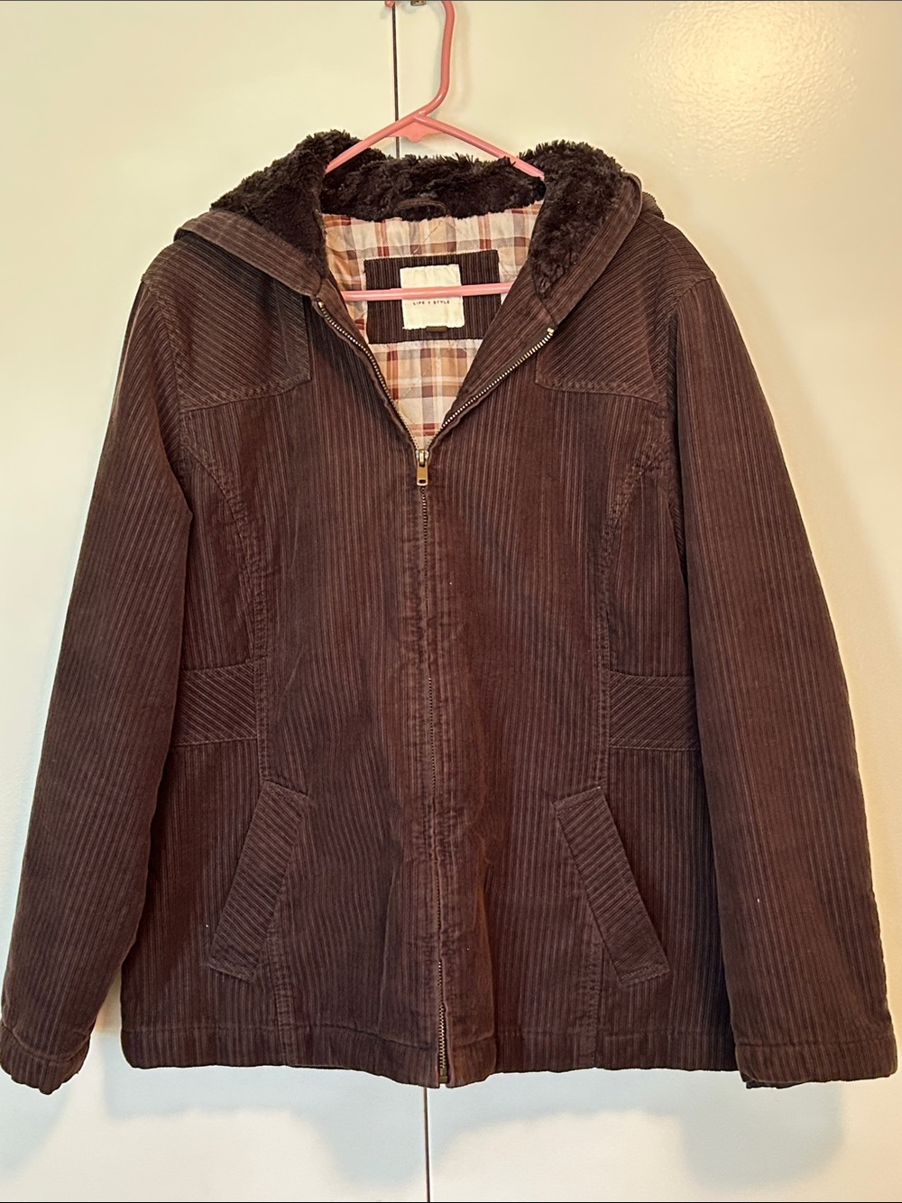Women’s Brown Corduroy Jacket with Sherpa Hood size large